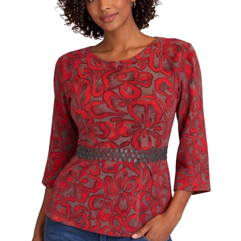 Tabitha Anthropologie Wool Peplum Sweater Womens Medium Red Floral Holiday Party